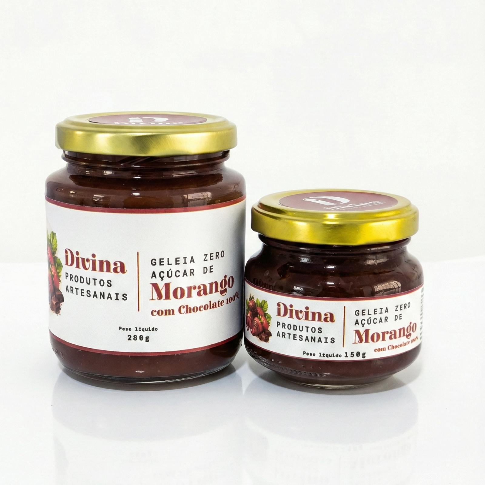 Potes de Geleia de Morango com Chocolate 100% Artesanais Divina - Zero Açúcar